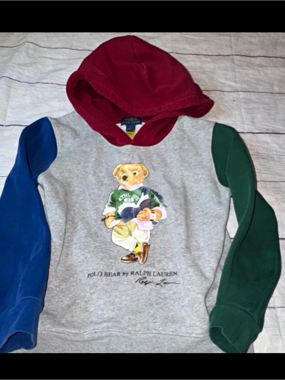 Polo Ralph Lauren Boys Polo Bear Colorblock Pullover Hoodie Gray/Red/Blue 7